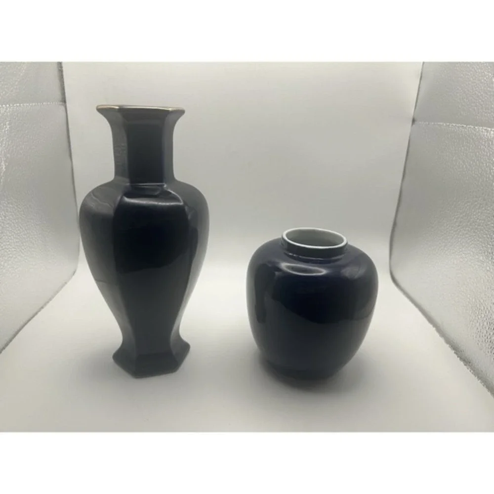 2-PC Asian Style Cobalt Blue‎ Cloisonné Golden Floral Flower Vases